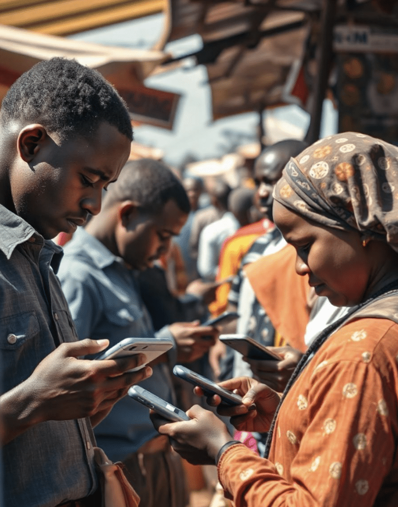 Gagner de l'argent en ligne via mobile Money - groupe de personnes sur leurs téléphones